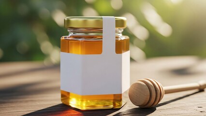 Natural Golden Honey Jar Mockup with Blank Label and Wooden Dipper.