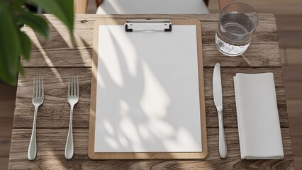 Blank Menu Mockup on Rustic Table Set with Cutlery and Sunlight Shadows