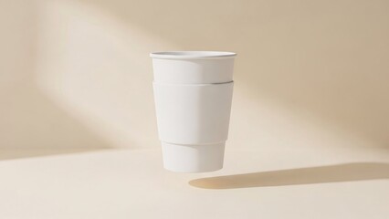 Minimalist White Coffee Cup Mockup Floating on Beige Background with Geometric Shadows
