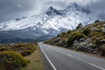 Fototapeta premium Picturesque Route: Asphalt Road Meandering Through Lush Bushes Towards Majestic Snow-Capped Peaks
