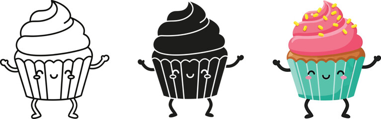 Cute cartoon cupcakes set with happy faces, dancing poses, featuring outline, silhouette, and vibrant colorful designs for sweet projects. Vector