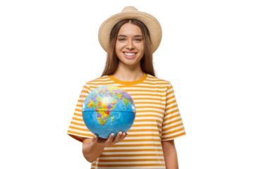 Young woman tourist holding globe with one hand
