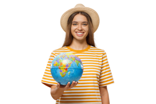 Young woman tourist holding globe with one hand - Powered by Adobe