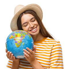 Planet care, save the earth concept. Cheerful young woman hugging globe