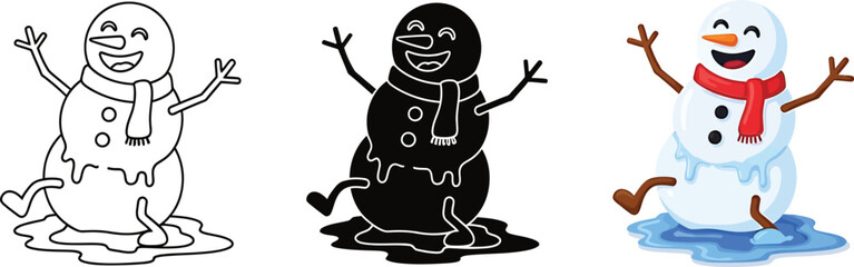 Happy melting snowman set with outline, solid black, and colorful cartoon vector illustrations showing winter ending joyfully Vector