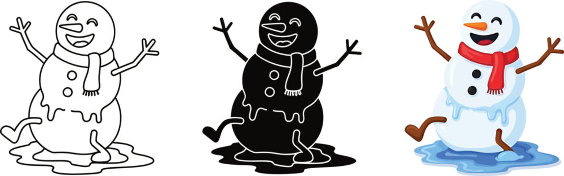 Happy melting snowman set with outline, solid black, and colorful cartoon vector illustrations showing winter ending joyfully Vector