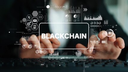Business professional engaging with blockchain technology illustration on digital interface with data and graphs. Asymptotic smart data analytic. - Powered by Adobe