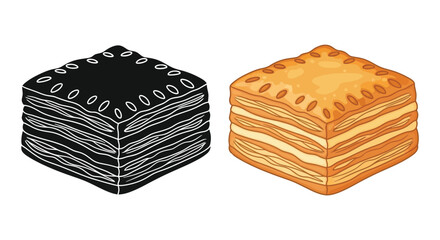 Detailed illustration of a layered pastry shown in both outline and color