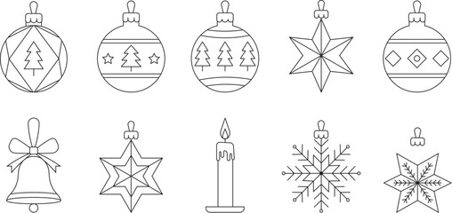Minimal Line Art Christmas Icon Set with Ornament Balls, Star, Snowflake, Candle and Bell Elements for Holiday Design, Cards and Winter Decoration Projects
