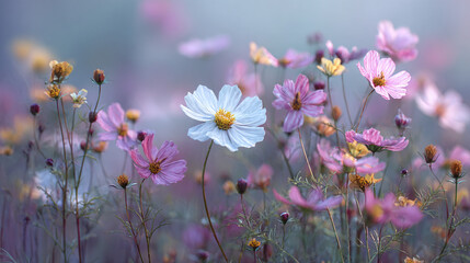 A serene field of colorful cosmos flowers in bloom, with a focus on their delicate petals and vibrant hues. The flowers exude a sense of peace and natural beauty