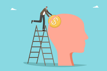 Business mentor guiding smart investments, cooperation for economic stability, financial wisdom, growth and effective money management. Businessman on ladder drops dollar coin into human head.