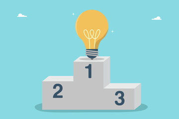 Winning idea, innovation to achieve success, logic or intelligence in business decision making, creativity, innovative thinking, effective solutions for challenges, lightbulb on top of pedestal.