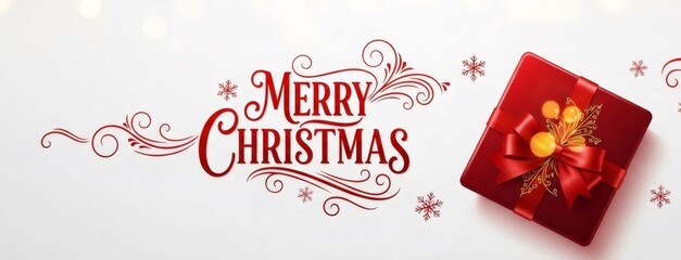 Merry Christmas text with red decorative elements and a red gift box. Festive holiday greeting graphic for banner, postcard, web design.