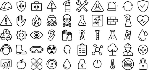 Naklejka premium Health safety and environment icon set with 50 professional workplace symbols for compliance and risk management graphics