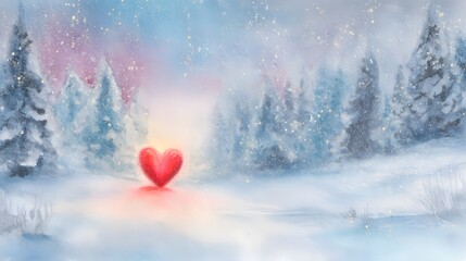 Magical winter scene glows with a red heart snowscape serene cozy pastel light artwork