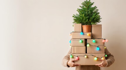 A person holding a tall stack of cardboard boxes decorated with multicolored Christmas lights and topped with a small potted pine tree, symbolizing holiday preparations.