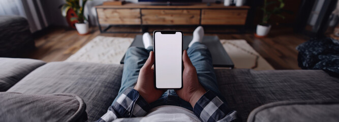 Cozy Leisure: A person relaxes on a comfortable sofa, holding a smartphone with a blank screen, offering a glimpse into the everyday simplicity of digital life and modern relaxation.