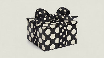 Stylish Black and White Polka Dot Gift Box with Elegant Ribbon Bow on a Clean Background, Ideal for Celebrations and Gifting