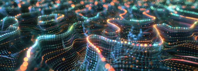 Abstract Technology Landscape: An artistic representation of a dynamic, interconnected technological landscape, with flowing lines and a network of data.