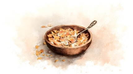Warm breakfast illustration gentle cornflakes in a wooden bowl evoke cozy morning moments