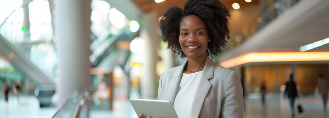 Businesswoman with Tablet in Modern Architectural Setting: A confident businesswoman smiles, holding a tablet as she navigates a contemporary, bright architectural space.
