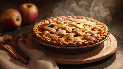 A delicious apple pie fresh out of the oven, with apples and cinnamon sticks