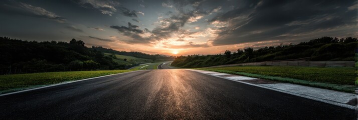 Obraz premium Scenic Empty Asphalt Circuit Surrounded by Verdant Forests at Sunset in Summer