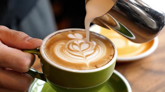 Barista pouring steamed milk into espresso to create latte art in a green cup, closeup