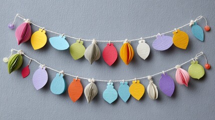 Colorful paper ornament garland on cool gray background for festive holiday decor