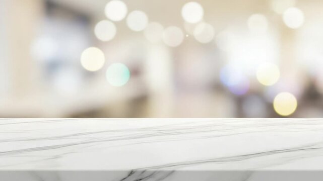 Empty white marble table top surface with bokeh lights background for product display