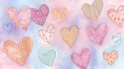 Obraz premium Gentle watercolor hearts create a dreamy pastel background full of love and whimsical design inspiration