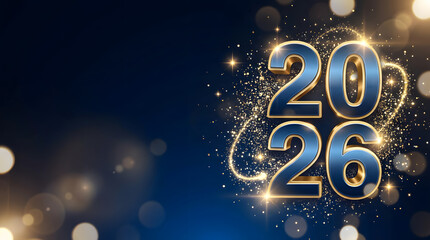 The number 2026 numbers stands against a blue background surrounded by sparkling gold confetti and warm bokeh lights, creating a festive and elegant New Year atmosphere.