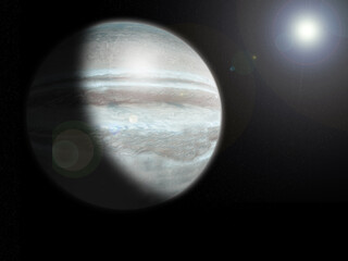 jupiter planet solar system gas giant space white and brown atmosphere deep black sky with bright star and lens flare with copy space for banner design concept of science astronomy education