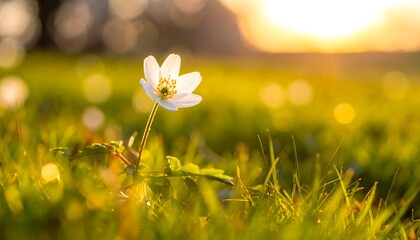 Single white flower in grassy field at sunset