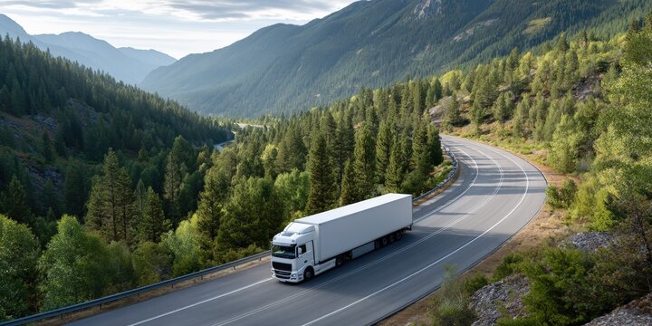 Fototapeta White truck driving on scenic mountain highway surrounded by lush forest