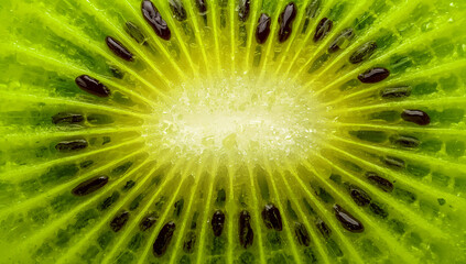 High-resolution macro shot of a vibrant green kiwi slice, showcasing its juicy texture, bright color, and radial seed pattern
