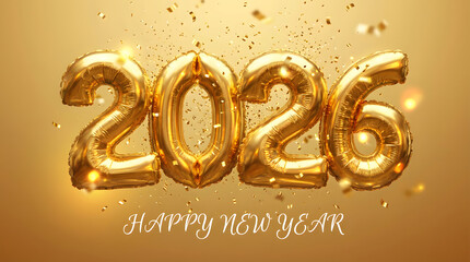 Balloon number 2026 stands against a golden background with the words Happy New Year underneath, surrounded by sparkling gold confetti, creating a festive and elegant New Year theme