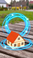 Small house, glowing circles, outdoors