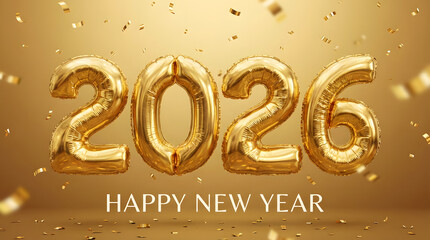 Balloon number 2026 stands against a golden background with the words Happy New Year underneath, surrounded by sparkling gold confetti, creating a festive and elegant New Year theme