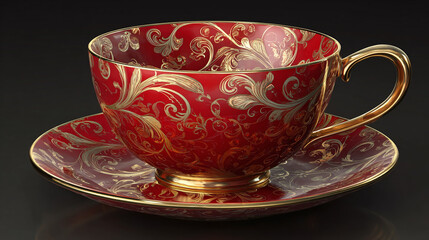 An elegant red teacup and saucer with golden detailing. The intricate design adds a touch of sophistication to the ceramic set