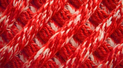 Macro texture of red and white knitted wool fabric