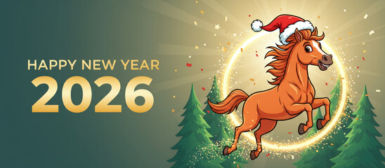 Festive horse celebrating New Year 2026, wearing Santa hat and jumping amidst evergreen trees. Horse symbolizes joy and freedom, representing New Year's spirit in vibrant celebration.