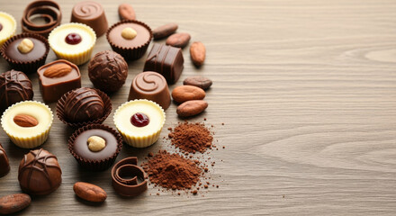Assorted chocolates arranged on wooden table, featuring a variety of flavors and textures. Chocolates include truffles, pralines, and creamy confections, perfect for gifting or indulgence.