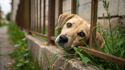Homeless dog looking through fence with sad expression and curious eyes resting on grass and ground. Abandoned dog peers through rusty fence, longing for connection, symbolizing hope and resilience.