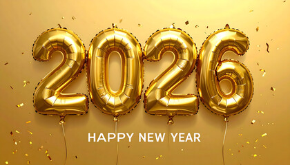 Balloon number 2026 stands against a golden background with the words Happy New Year underneath, surrounded by sparkling gold confetti, creating a festive and elegant New Year theme