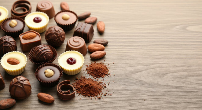 Assorted chocolates arranged on wooden table, featuring a variety of flavors and textures. Chocolates include truffles, pralines, and creamy confections, perfect for gifting or indulgence.