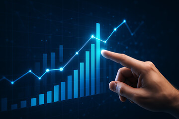 Business growth visualization with digital bar chart and line graph interface showing financial success and increasing performance