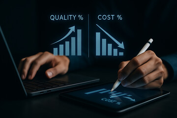Business person analyzing digital tablet with charts showing increasing quality and decreasing cost representing efficiency profit and performance