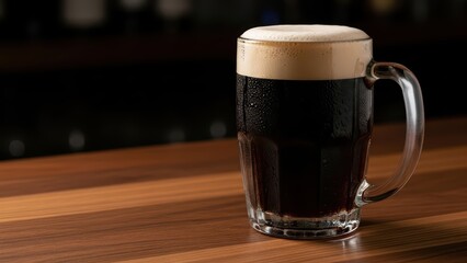 Frothy dark beer in glass mug on wooden bar counter