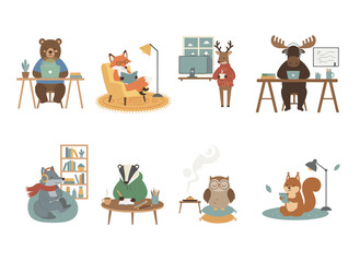 Illustrations of anthropomorphic animals equipped with phones, computers, and books, featuring whimsical characters such as bears, lions, tigers, foxes, and giraffes with animal heads and human